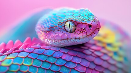 A vibrant close-up of a colorful snake, showcasing iridescent scales in shades of blue and pink.