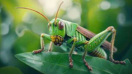 A close-up of a vibrant green grasshopper perched on a leaf, showcasing its intricate details and lively colors.