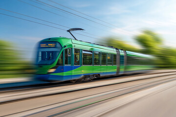 Fototapeta premium A green and blue train is moving rapidly on the railway, with a motion blur effect.