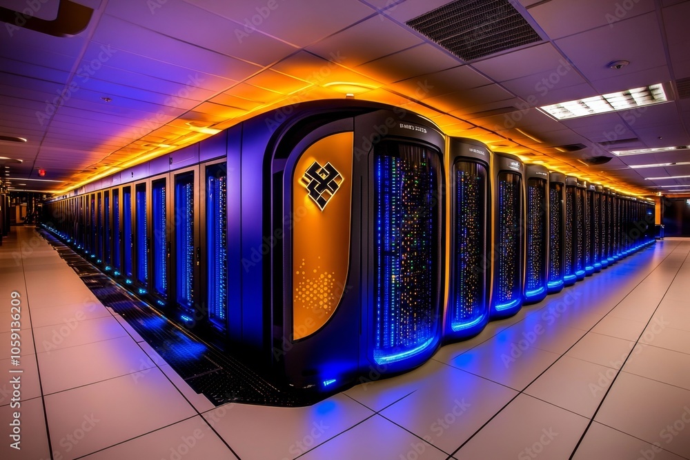 Aufkleber high-tech, neon-lit server room with digital data layers and holographic displays, symbolizing the s