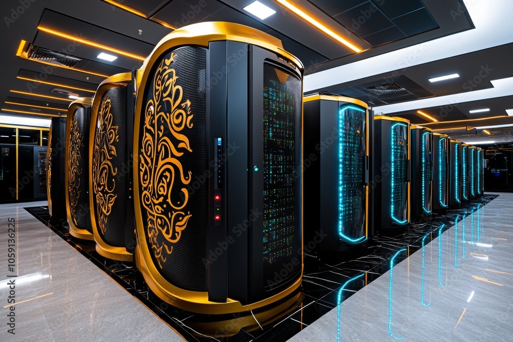 Aufkleber high-tech, neon-lit server room with digital data layers and holographic displays, symbolizing the s