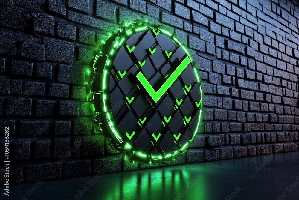 Poster Holographic display with perfectly organized data sets and green checkmarks floating in neon light, symbolizing futuristic data quality standards, symbolizing clarity and modernity