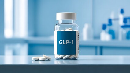 A medicine bottle labeled glp-1 placed against a blue laboratory background, medical research, pharmaceutical development, healthcare concept