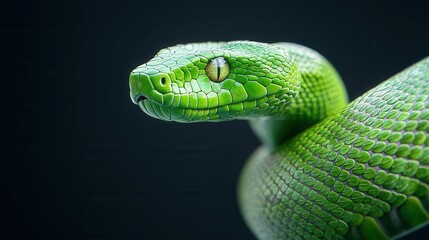 Fototapeta premium A striking close-up of a vibrant green snake, showcasing its smooth scales and piercing yellow eyes.