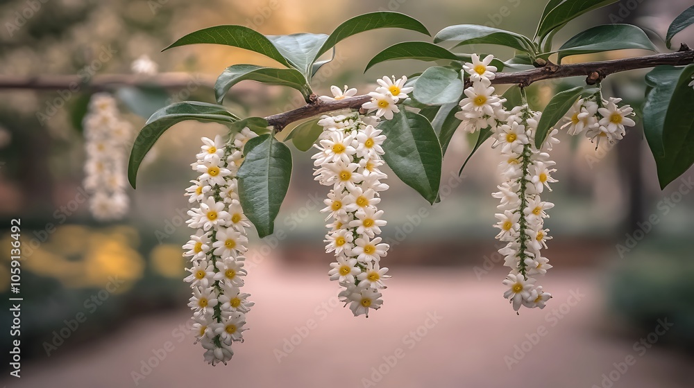 Poster white flowers hanging from branch clean blank canvas with empty space for designs