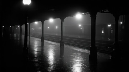Empty train station platform with a foggy night atmosphere.