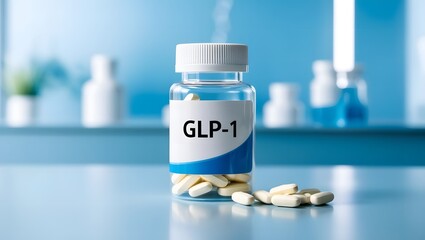 A medicine bottle labeled glp-1 placed against a blue laboratory background, medical research, pharmaceutical development, healthcare concept