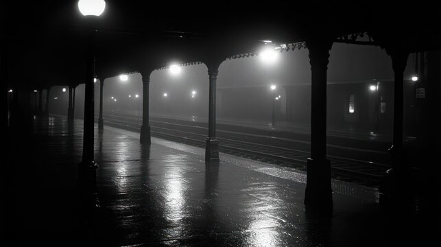 Empty train station platform with a foggy night atmosphere.