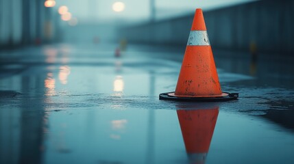An orange traffic cone stands alone on a wet asphalt surface, reflecting in a puddle of water. The background is blurred, showcasing a hazy, urban setting.