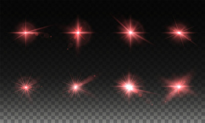 Light RED star. Light sunny sparkle. Red light flash white. Vector illustrator. lighting effects. Beam a spotlight and a star with bokeh and dust. Glowing abstract isolated lenses light effects.