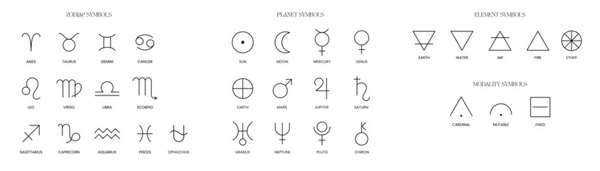 astrological symbols; zodiac, planet, element, modality symbols; minimalist vector illustrations, aries, taurus, gemini, cancer, leo, virgo, libra, scorpio, sagittarius, capricorn, aquarius, pisces