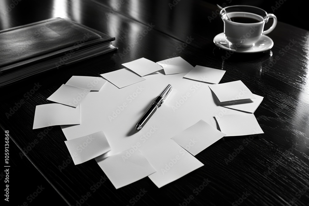 Poster minimalist icon of an empty desk with scattered files, capturing the structured yet calm end of busi