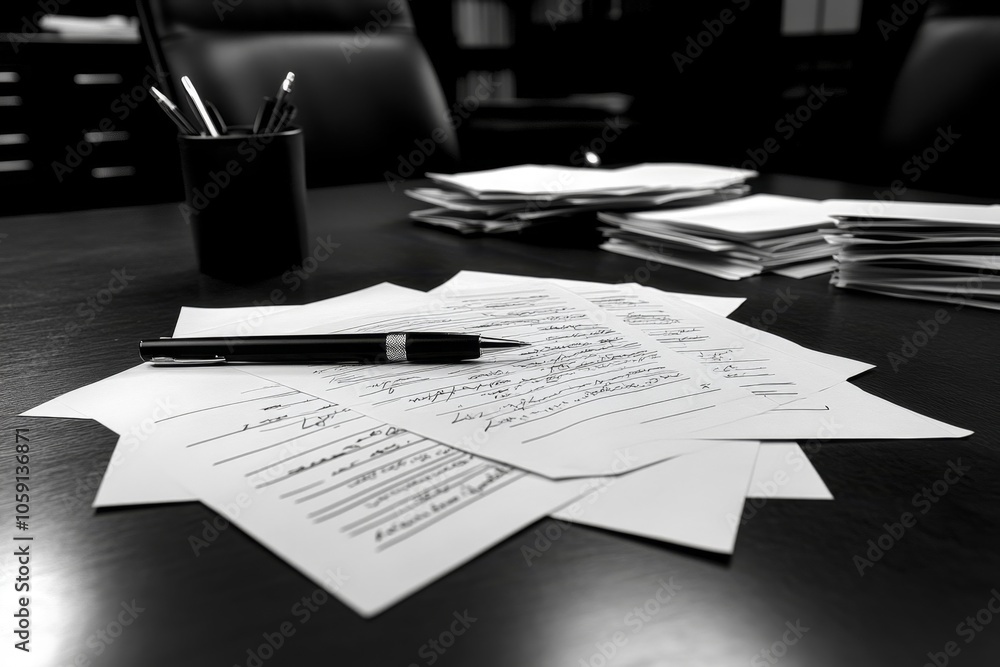 Poster minimalist icon of an empty desk with scattered files, capturing the structured yet calm end of busi