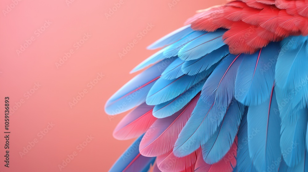 Poster close-up of vibrant blue and pink feathers, showcasing intricate patterns and textures, creating a v