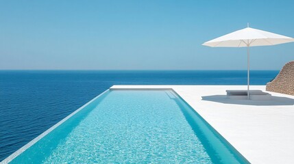 Fototapeta premium A Modern Minimalist White Pool Area in Spain: Sunlit Oasis with Umbrella and Ladder