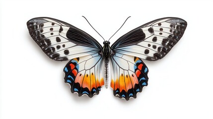 Obraz premium A stunning butterfly with vibrant black, white, and orange patterns displayed symmetrically against a white background.