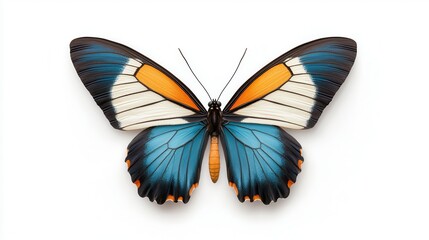 Obraz premium A stunning blue butterfly with orange accents, showcasing intricate wing patterns against a bright white background.