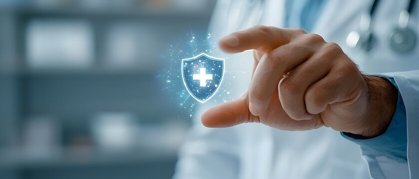 Finger of a man activating a glowing medical shield hologram symbolizing secure healthcare and hospital treatment with high tech digital technology and innovation