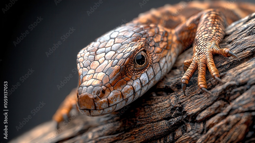 Poster close-up of a detailed and colorful reptile resting on a textured log, showcasing its intricate scal