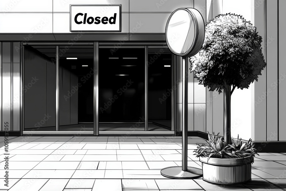 Poster minimalist line art of an empty storefront with a 