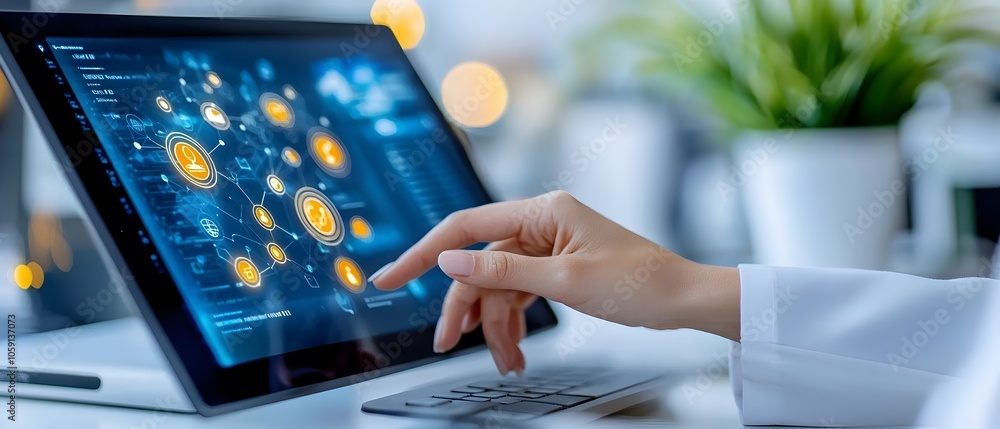 Poster close up of a woman s hand interacting with a glowing futuristic holographic display interface showc