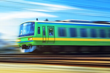 A green and blue train is moving rapidly on the railway, with a motion blur effect.