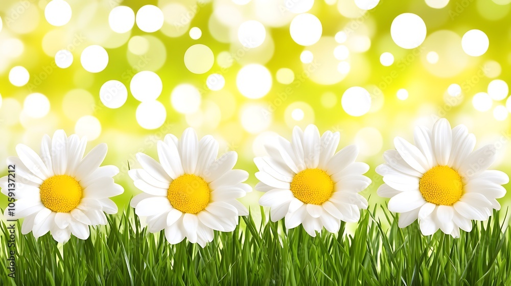 Aufkleber white daisies in green grass subtle blur background with space for custom text