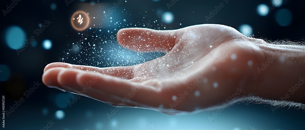 Poster close up of a female hand delicately touching a glowing holographic interface displaying floating ic