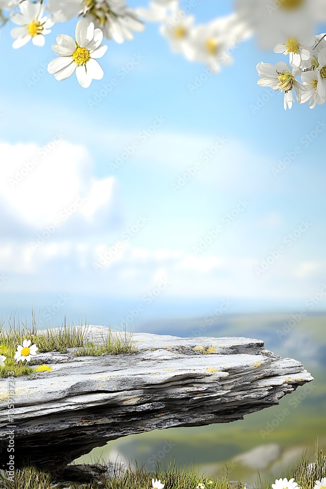 Poster stone shelf with flowers background clean blank canvas with empty space for designs