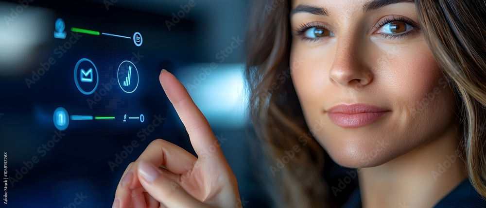 Poster close up of a woman s fingertip lightly touching a futuristic digital hologram interface displaying 