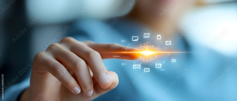 Poster female hand gently interacting with a futuristic hologram interface displaying floating icons and da