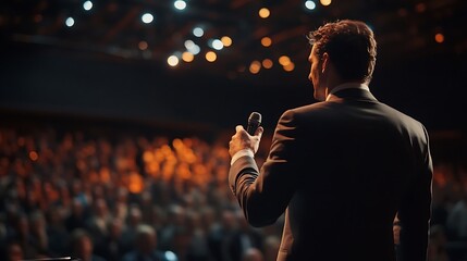A speaker addresses a large audience at a conference, highlighting engagement and communication.