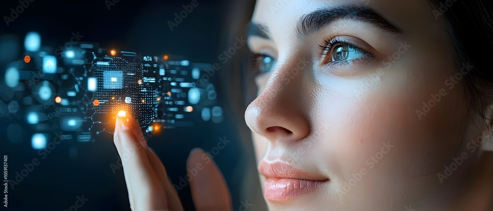 Poster close up of a woman s fingertip reaching out to make contact with a futuristic glowing digital manag