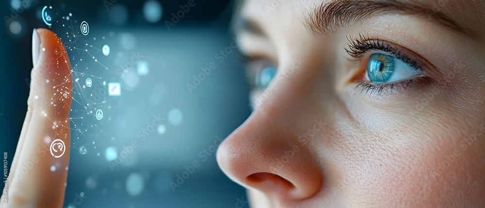 Poster close up view of a woman s fingertip reaching out to interact with a futuristic glowing digital mana