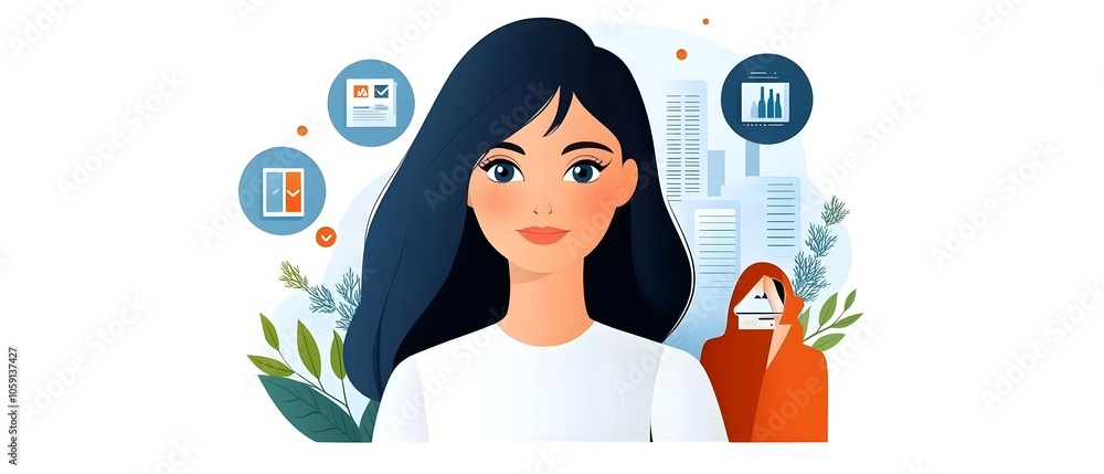 Poster of a woman s hand reaching out to touch a glowing digital management interface with various icons an