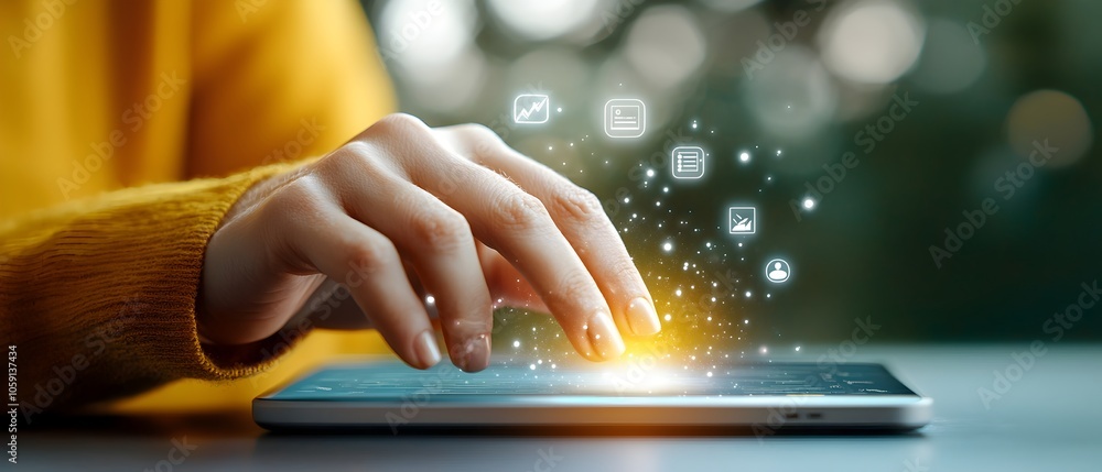 Poster closeup of a human fingertip gently touching an illuminated digital interface with various managemen