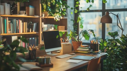 Fototapeta premium A serene workspace filled with greenery, highlighting a modern desk setup with plants, books, and natural light.