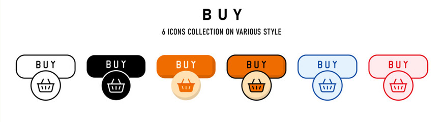 Buy icons collection. 6 Various style. Web buttons concept. For sign, symbol, presentation, element, infographic or web graphics. Vector Illustration.