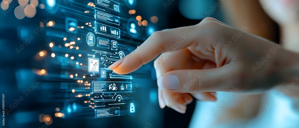 Poster close up view of a woman s fingertip making contact with a sleek futuristic digital interface displa