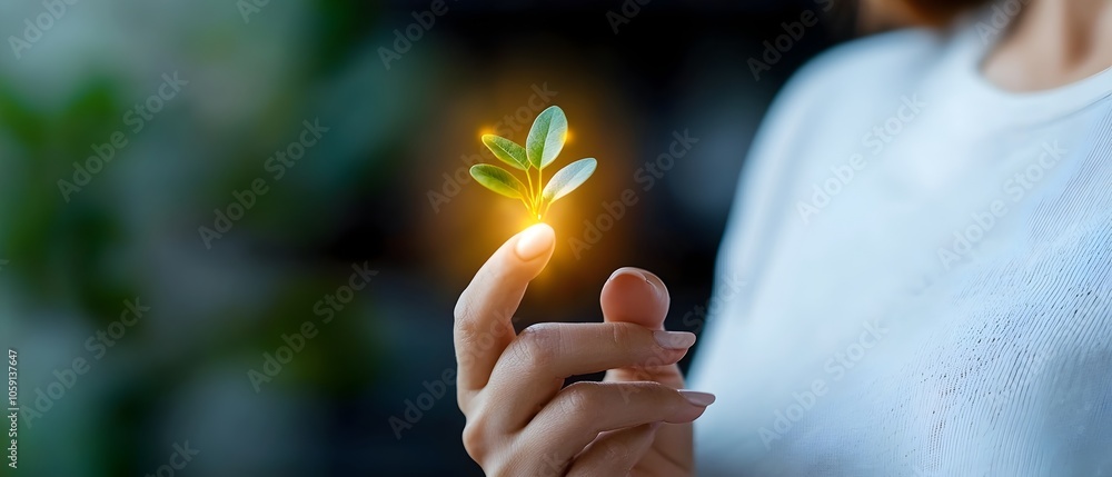 Poster close up view of a woman s fingertip touching a sleek futuristic digital interface with glowing stra