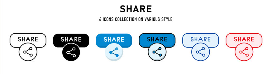 Share icons collection. 6 Various style. Web buttons concept. For sign, symbol, presentation, element, infographic or web graphics. Vector Illustration.