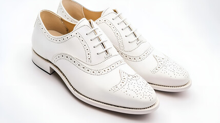 Fototapeta premium Stylish white dress shoes with perforated details on white background