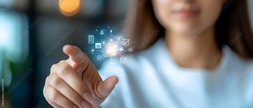 Poster close up of a woman s hand touching a bright holographic interface displaying various business manag