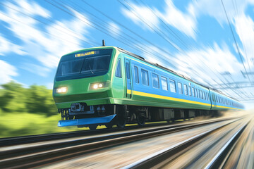 Naklejka premium A green and blue train is moving rapidly on the railway, with a motion blur effect.