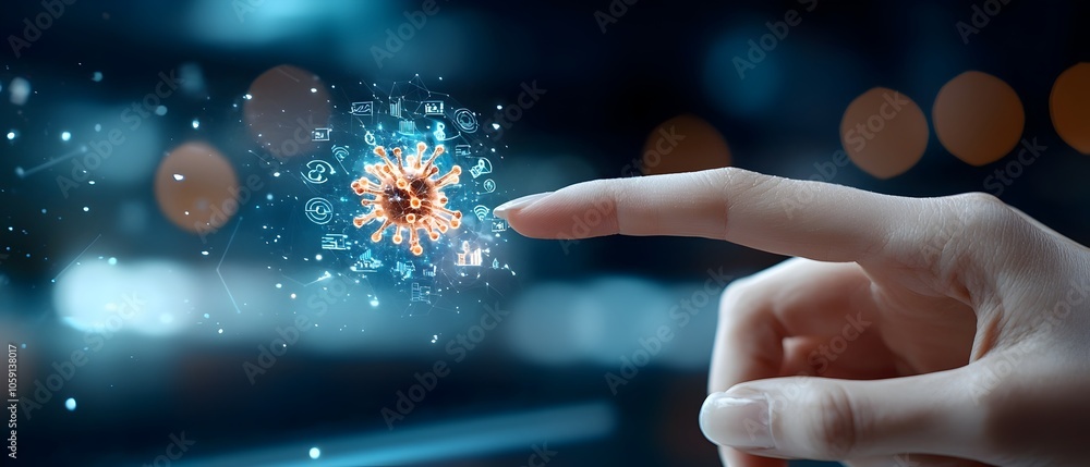 Poster closeup of a female fingertip reaching towards a floating holographic display featuring business man