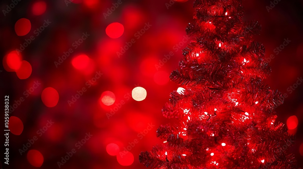 Poster red christmas tree with lights plain textured background for web design and copy