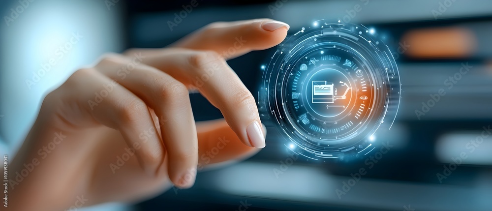 Poster close up view of a female hand with a fingertip reaching towards a floating holographic interface di