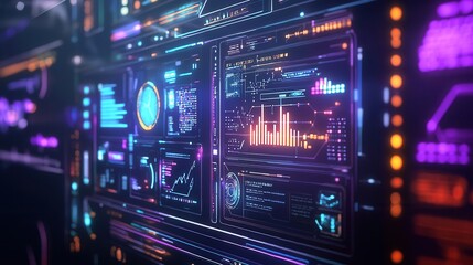 Futuristic data visualization with vibrant colors and complex graphs showcasing analytics and technology.