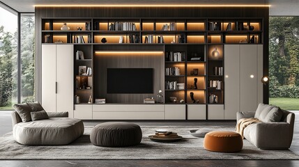 Modern Minimalist Beige-White-Grey Wardrobe Combination with Open Space for Books and Decor