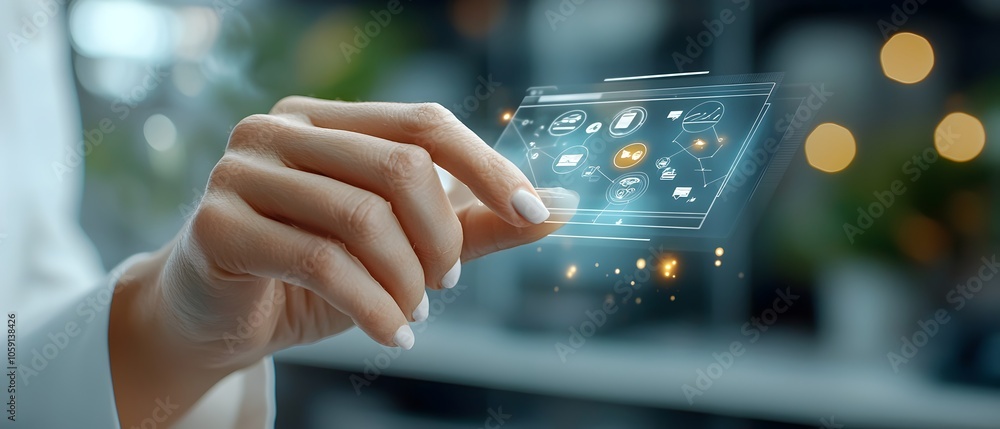 Poster woman s hand reaching out to interact with a holographic sme small and medium enterprise interface s